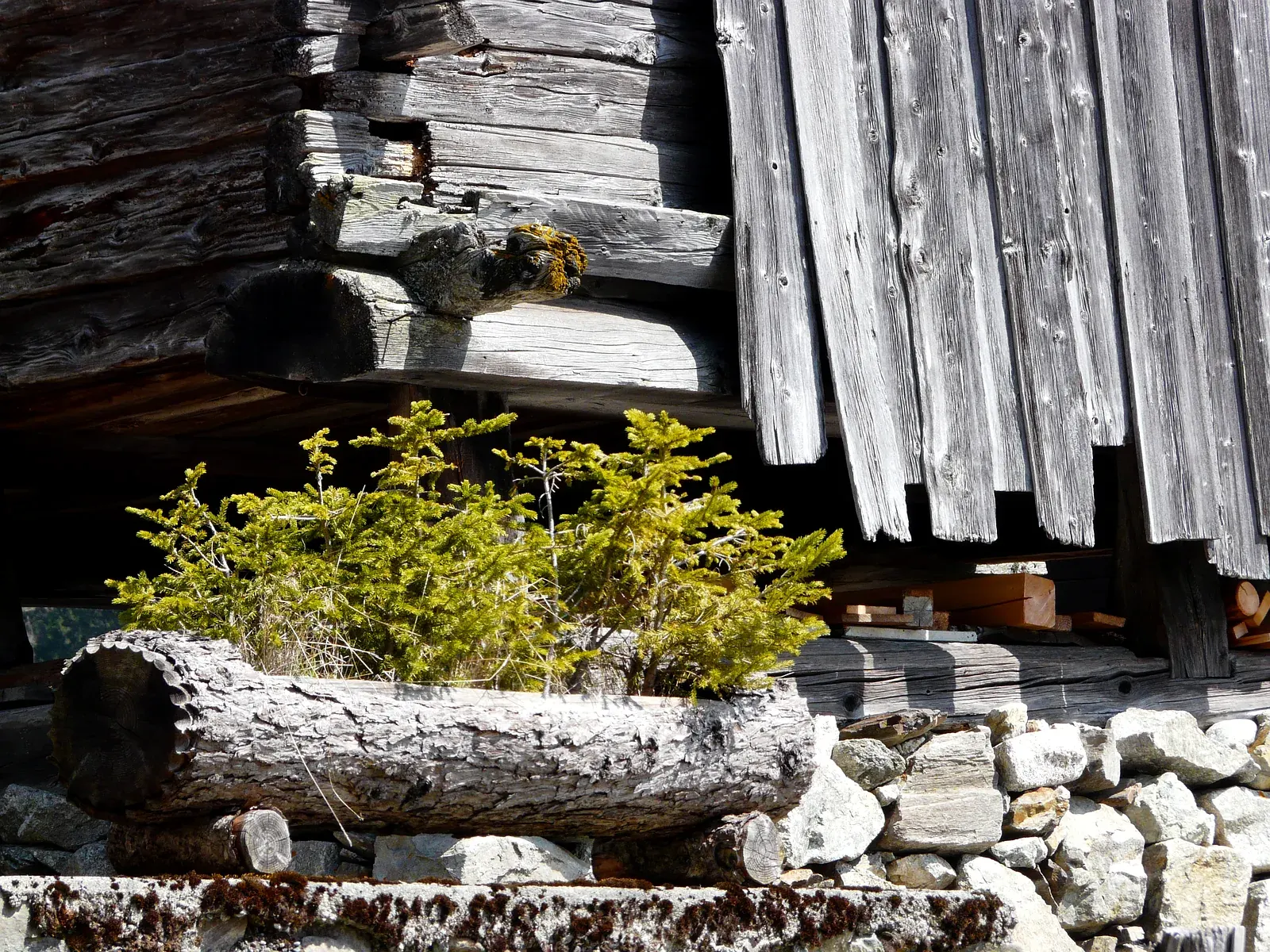 Détail d'un mazot en bois ancien à Vallorcine &mdash; image d'illustration de l'architecture de bois que l'on longe sur les balcons de la vallée